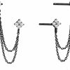 BUAEL Buael 925 Sterling Silver Four Zircons Flower Stud Earrings For Women | Double Studs Chain Tassel Piercing Earring | Gold Plated Double Piercing Dangle Chain Earrings Jewelry Gifts For Women Girls | Earrings