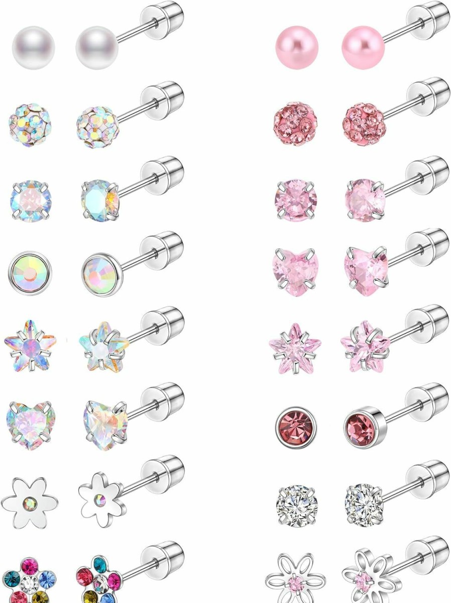 Jewdreamer 16 Pairs Surgical Steel Hypoallergenic Flat Back Earrings For Women Cute Heart Star Cz Flower Pearl Ball Tiny Flatback Stud Earring | Earrings