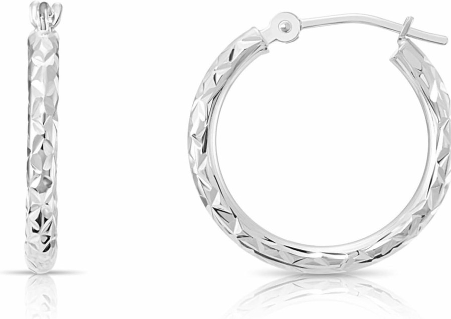 TILO JEWELRY 14K White Gold Round Hoop Earrings With Diamond-Cut X Pattern Design… | Earrings