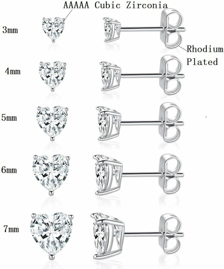 MDFUN Mdfun 18K White Gold Plated Heart Shape Cut Cubic Zirconia Birthstone Stud Earring Pack Of 5 Pairs | Earrings