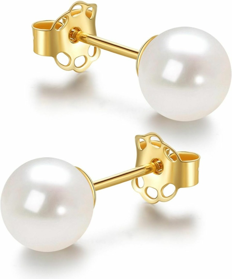 JORA Jora 14K Gold Aaa+ Handpicked Round Freshwater Cultured White Pearl Stud Earrings For Women Girls | Earrings