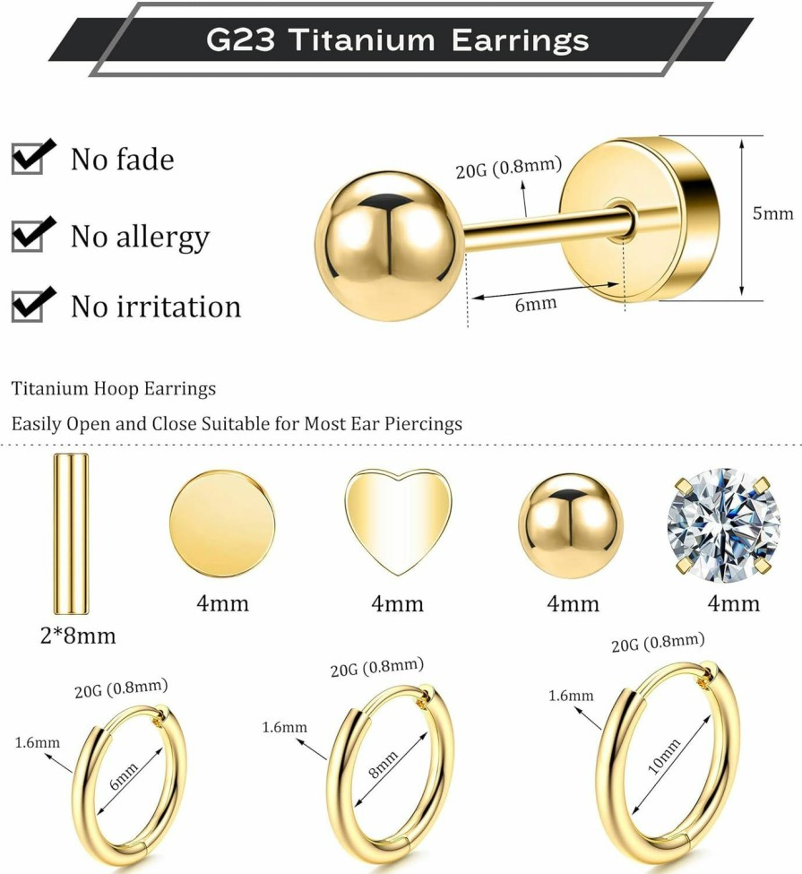 GOGOEY Versatile 8 Pairs Titanium Earrings For Sensitive Ears - Dot Ball Opal Cubic Zirconia, 20 Gauge, Pure Titanium Stud And Hoop Earrings Set - G23 Titanium Earrings With Flat Back For Women | Earrings