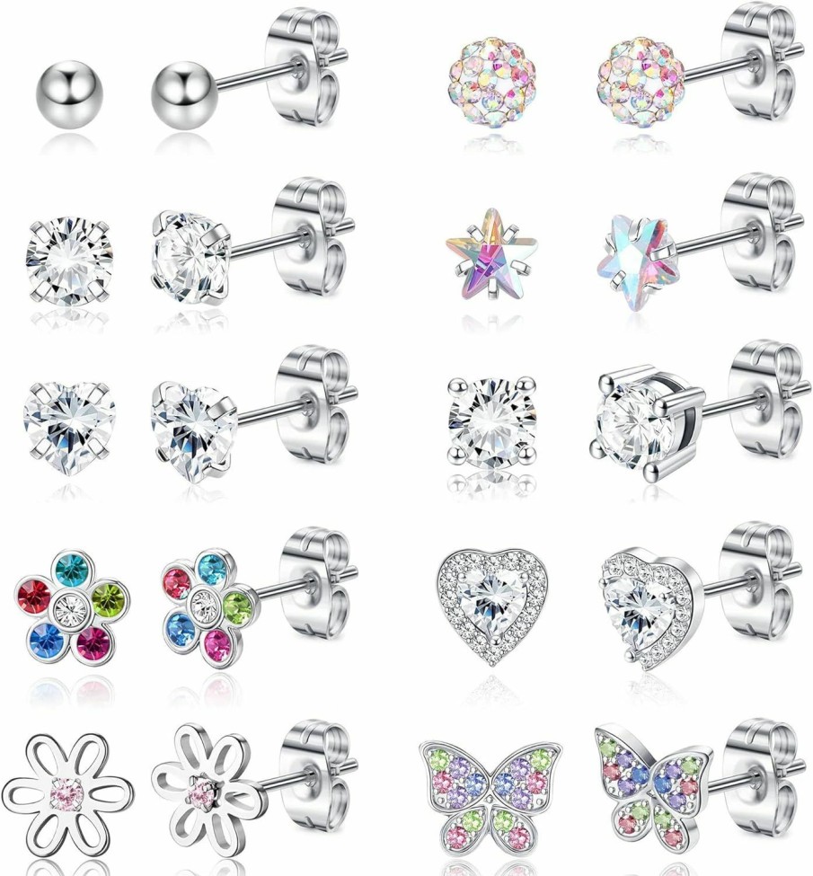 YADOCA Yadoca 10 Pairs Hypoallergenic Surgical Steel Stud Earrings For Women Girls Cz Heart Butterfly Flower Stud Earrings Set | Earrings