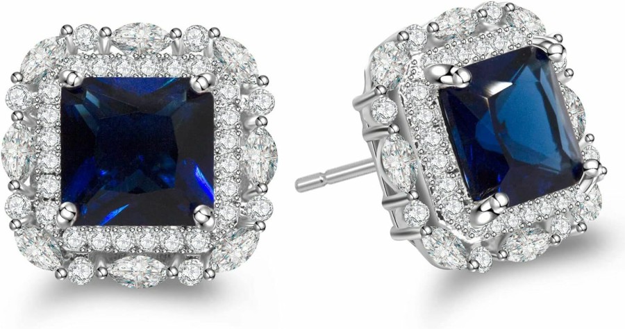 AMORAMOR & FOREVER Amoramor & Forever 18K White Gold Plated Blue Created Sapphire Stud Halo Earrings For Women 925 Sterling Silver Post Cz Cubic Zirconia Crystal Square Princess Cut Earring Studs Wedding Earrings Jewelry | Earrings