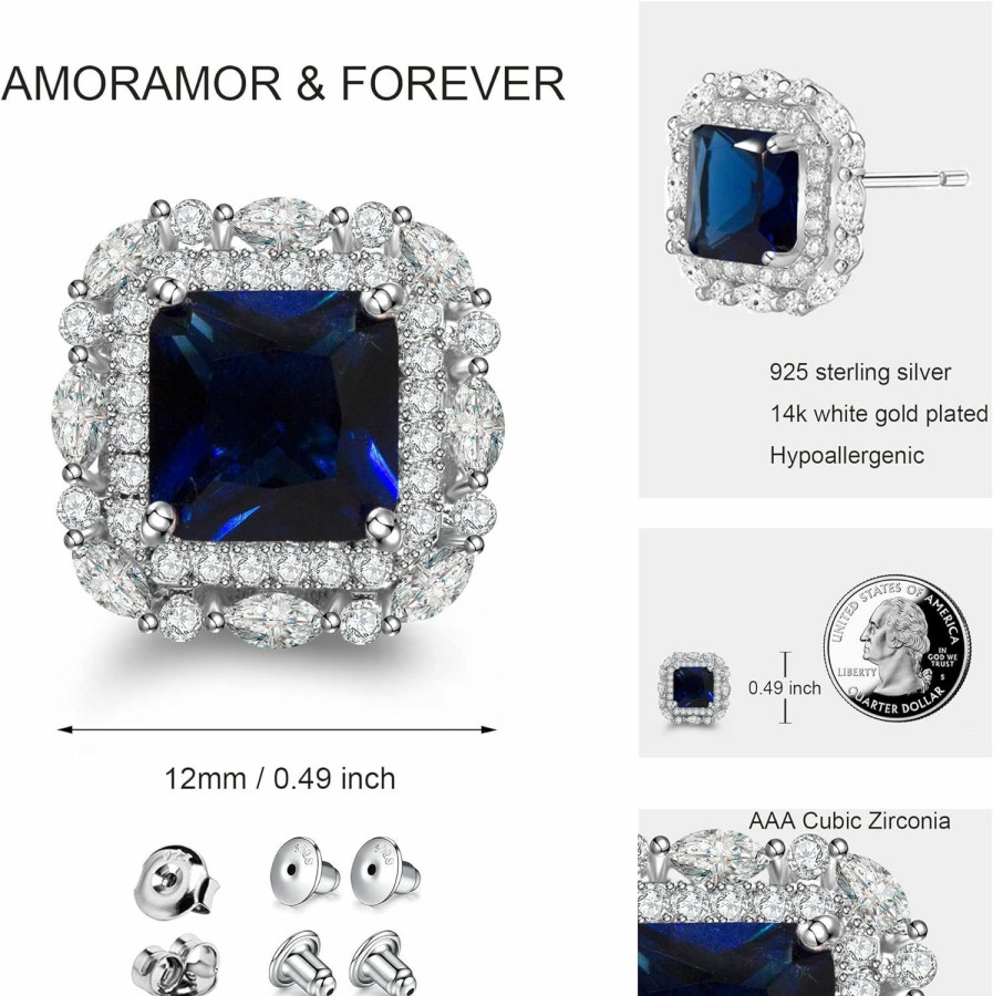 AMORAMOR & FOREVER Amoramor & Forever 18K White Gold Plated Blue Created Sapphire Stud Halo Earrings For Women 925 Sterling Silver Post Cz Cubic Zirconia Crystal Square Princess Cut Earring Studs Wedding Earrings Jewelry | Earrings