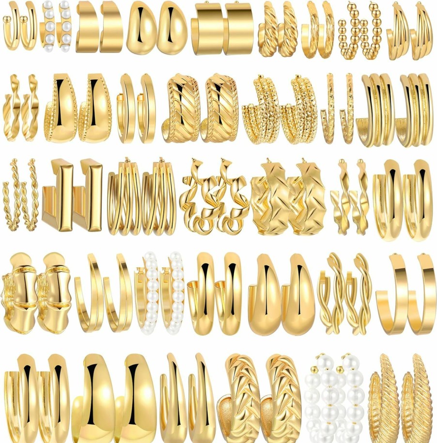 FAXHION 36 Pairs Gold Hoop Earrings Set For Women Girls, Fashion Chunky Gold Hoop Earrings Multipack, Hypoallergenic Pearl Chain Twisted Statement Earring Pack For Birthday Party Jewelry Gift | Earrings