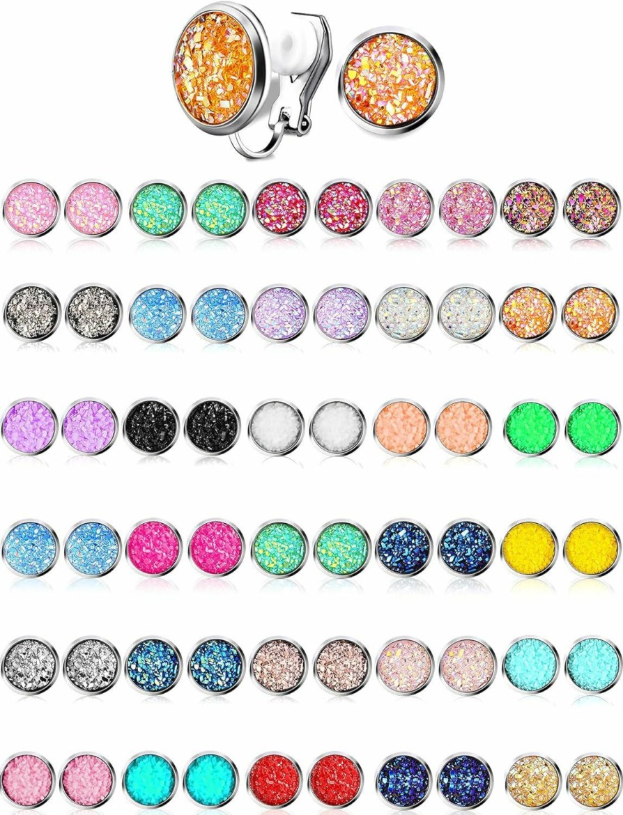 Hicarer 32 Pairs Faux Druzy Clip On Stud Earrings Bohemian Round Stud Ear Clip Stainless Steel Earrings Jewelry For Women Girls | Earrings