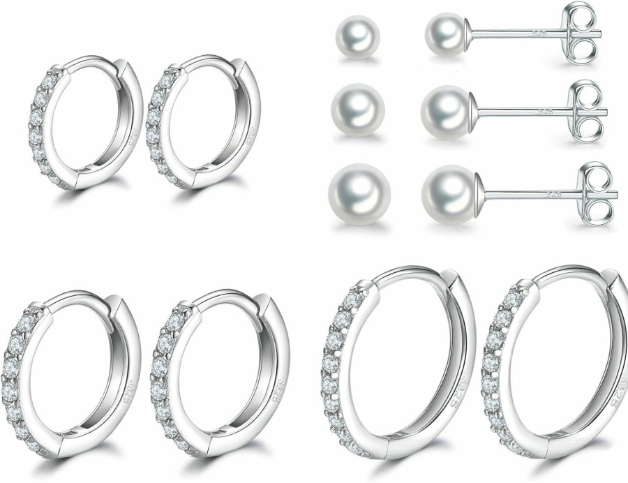 Dlihc Dlihc Sterling Silver Hoop Earrings | Sterling Silver Stud Earrings For Women - 6 Pairs Hypoallergenic Tiny Cubic Zirconia Stud Earrings Set & Cartilage Earring Hoops For Girl | Earrings