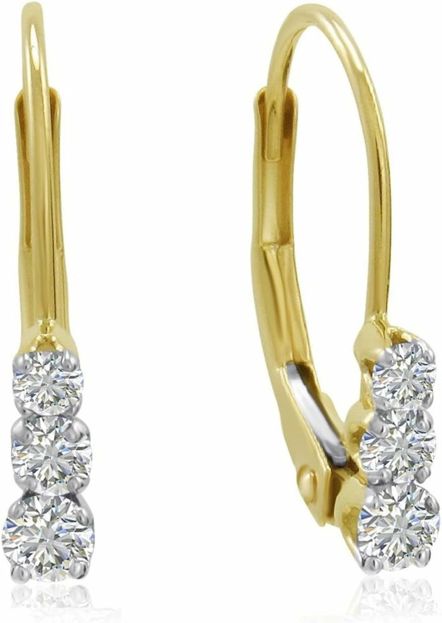 Amanda Rose Collection Certified 1/4Ct Three Stone Diamond Leverback Earrings For Women In 10K Gold| 10K White Gold Or 10K Yellow Gold | Real Certified Diamonds | Earrings