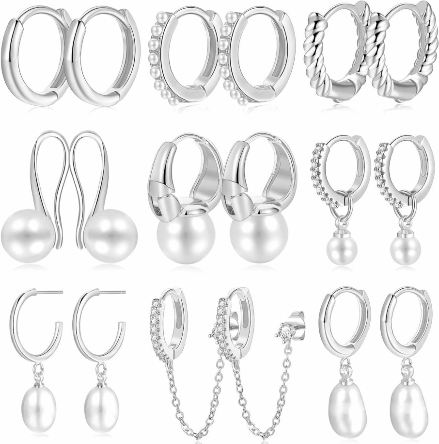 17KM 18 Pcs Small Gold Huggie Hoop Earrings For Women, 14K Gold Plated Hypoallergenic Pearl Drop Hoop Earrings Set With Charms For Gift | Earrings