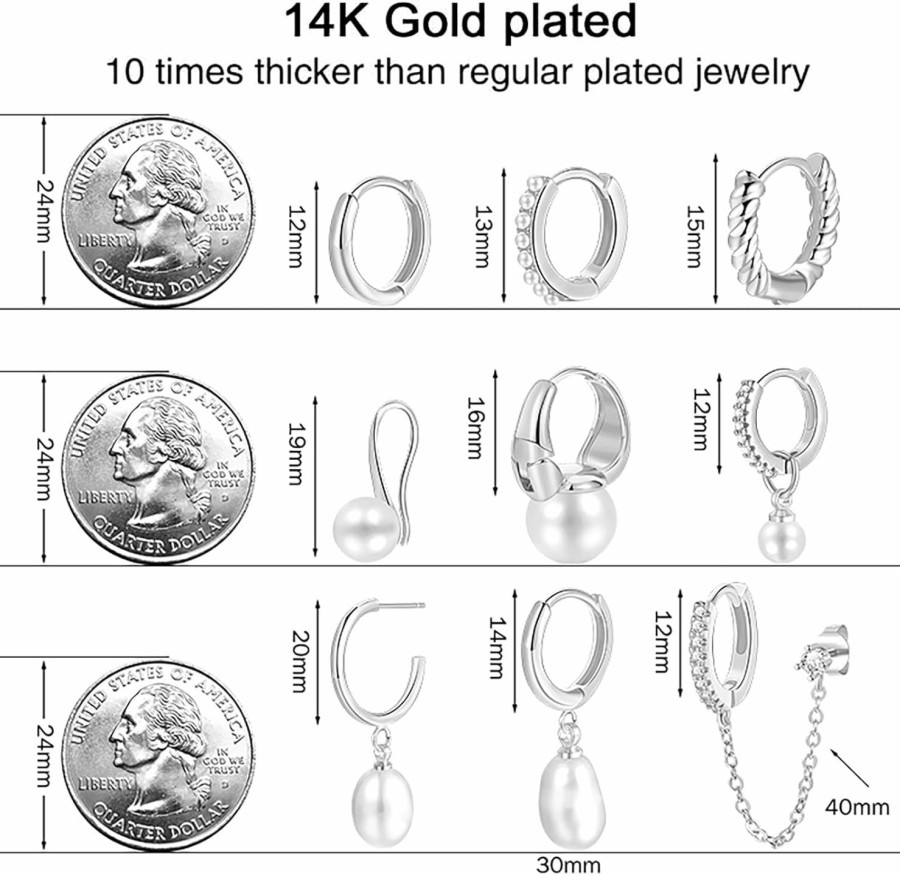 17KM 18 Pcs Small Gold Huggie Hoop Earrings For Women, 14K Gold Plated Hypoallergenic Pearl Drop Hoop Earrings Set With Charms For Gift | Earrings