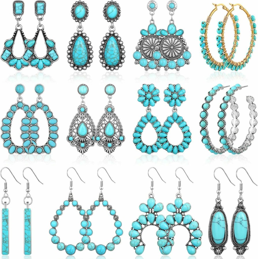 Trnayi 12 Pairs Turquoise Earring Set Turquoise Bohemian Dangle Metal Earrings Turquoise Round Earrings Boho Vintage Oval Earring Metal Earring For Women And Girls | Earrings