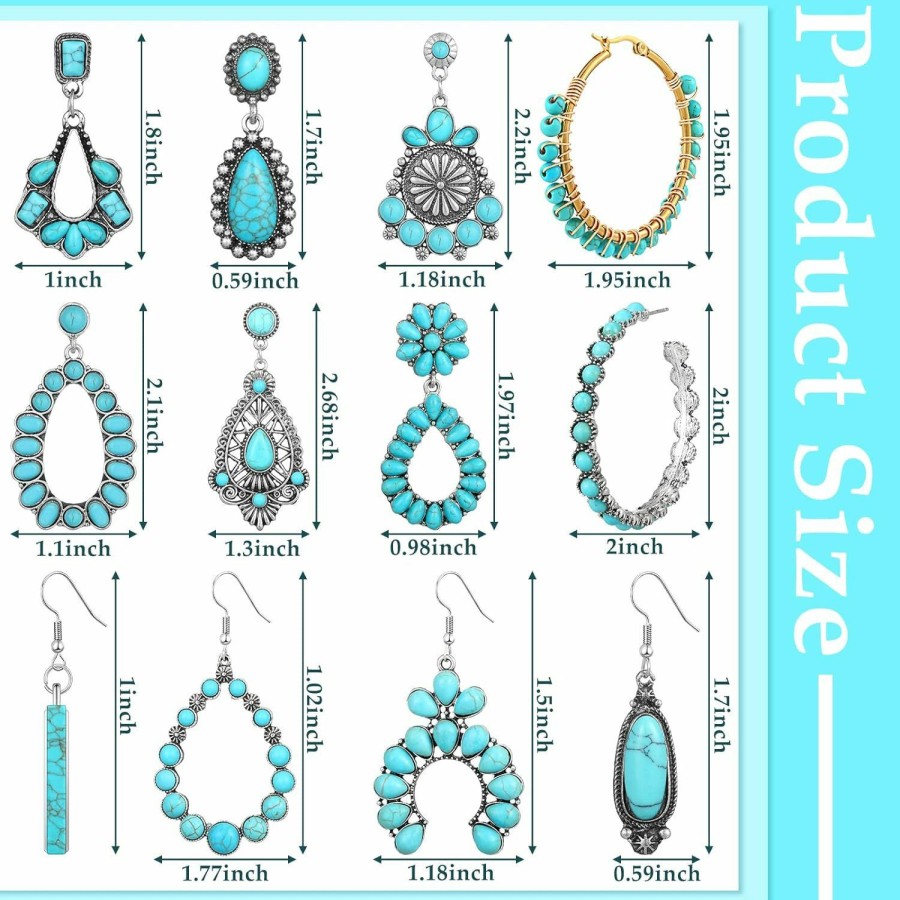 Trnayi 12 Pairs Turquoise Earring Set Turquoise Bohemian Dangle Metal Earrings Turquoise Round Earrings Boho Vintage Oval Earring Metal Earring For Women And Girls | Earrings