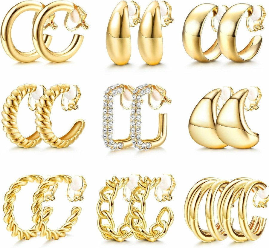 YADOCA Yadoca 9 Pairs Gold Clip On Hoop Earrings For Women 14K Gold Plated Twist Waterdrop Chunky Hoop Clip Earrings No Piercing Fake Earrings Set | Earrings