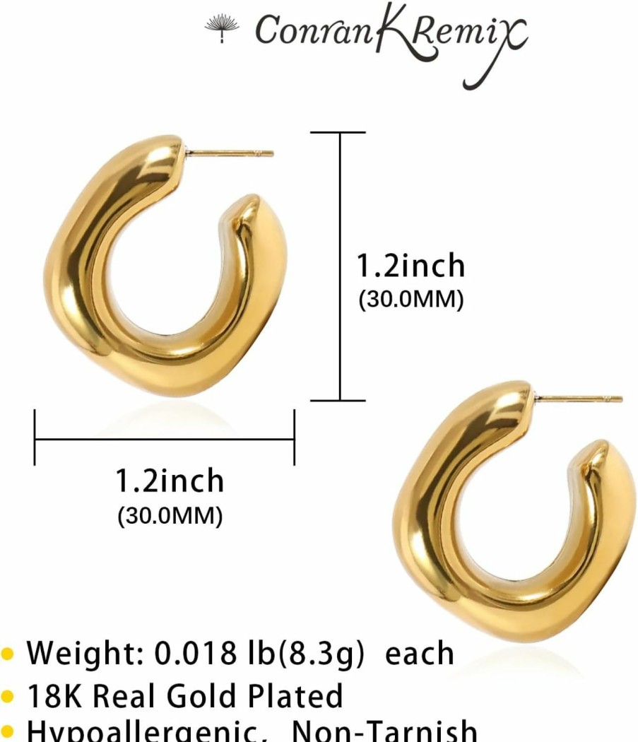 CONRAN KREMIX Chunky Gold Hoops Earrings For Women Thick 18K Real Gold Plated Open Hoop Lightweight Hollow Earrings For Women Trendy Gold Jewelry Non-Tarnish | Earrings