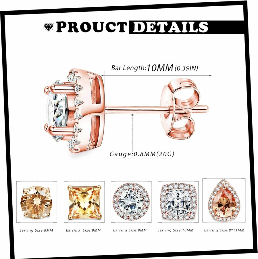 SAILIMUE Sailimue 5 Pairs Stainless Steel Cubic Zirconia Stud Earrings Set For Women Men Brilliant Round Square Teardrop Faux Diamond Halo Earrings Cz Piercing Earrings Jewelry Gifts | Earrings