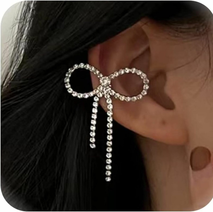 Frodete Silver Sparkly Bow Earrings For Women Rhinestone Chain Tassel Earring Crystal Fairy Teardrop Jewelry Gifts For Her Prom Dress Jewerly 2024 | Earrings