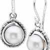 JEAN RACHEL JEWELRY 925 Sterling Silver Dangle Drop Earrings With A Fresh Water White Pearl, Wire Wrapped Bezel And Beaded Bezel, Antique Finish, Hypoallergenic, Nickel & Lead-Free, French Wire Earring Back | Earrings