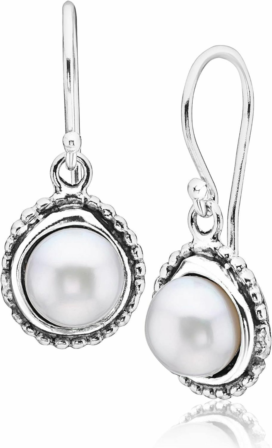 JEAN RACHEL JEWELRY 925 Sterling Silver Dangle Drop Earrings With A Fresh Water White Pearl, Wire Wrapped Bezel And Beaded Bezel, Antique Finish, Hypoallergenic, Nickel & Lead-Free, French Wire Earring Back | Earrings