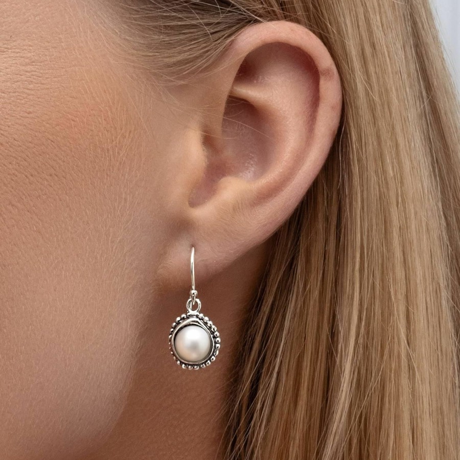 JEAN RACHEL JEWELRY 925 Sterling Silver Dangle Drop Earrings With A Fresh Water White Pearl, Wire Wrapped Bezel And Beaded Bezel, Antique Finish, Hypoallergenic, Nickel & Lead-Free, French Wire Earring Back | Earrings