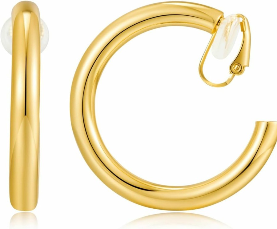 WOWORAMA Woworama Gold Clip On Hoop Earrings For Women Classic Large Chunky Hoops Clip On Earrings Non Pierced Hoop Earrings Minimalistic Hoop Clip Earrings | Earrings