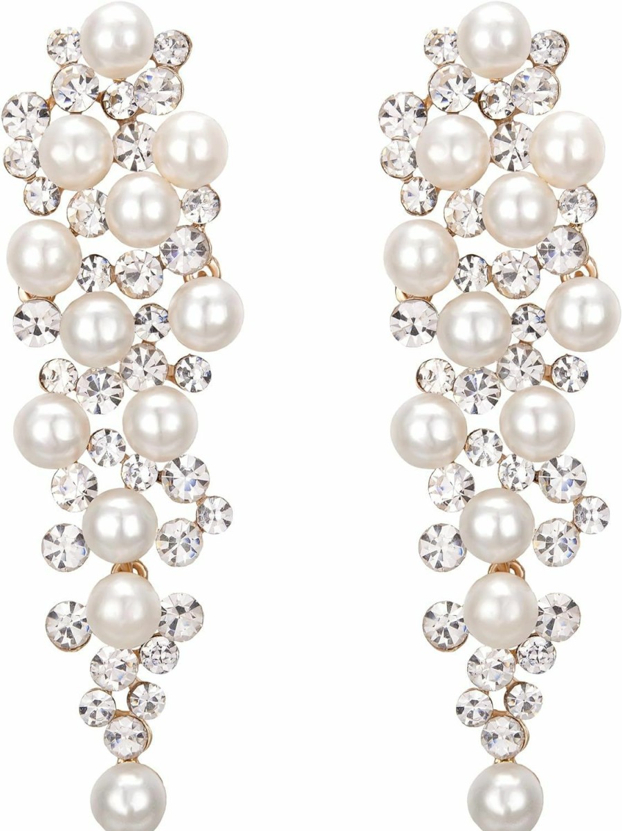 BriLove Brilove Women'S Wedding Bridal Crystal Simulated Pearl Multi Beaded Cluster Chandelier Dangle Earrings | Earrings