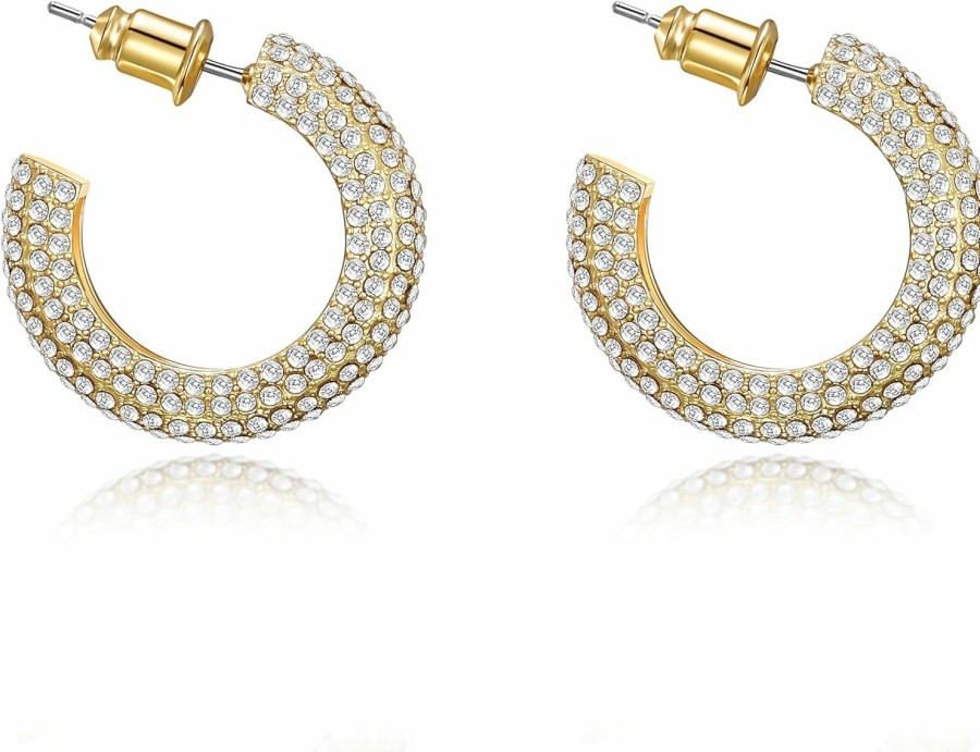 WOWORAMA Woworama Chunky Open Hoop Earrings For Women Gold Pave Cz Chunky Hoops Sparkly Crystal C Shaped Round Hoop Earrings Cubic Zirconia Thick Hoops Earrings | Earrings