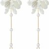 KRUCKEL Kruckel White Pressed Flower Dangle Earrings | Golden Studs With Pearl Like Drops | Hypoallergenic, Lightweight Jewelry For Women | Sparkle At Weddings, Birthdays, Christmas, Everyday | Earrings