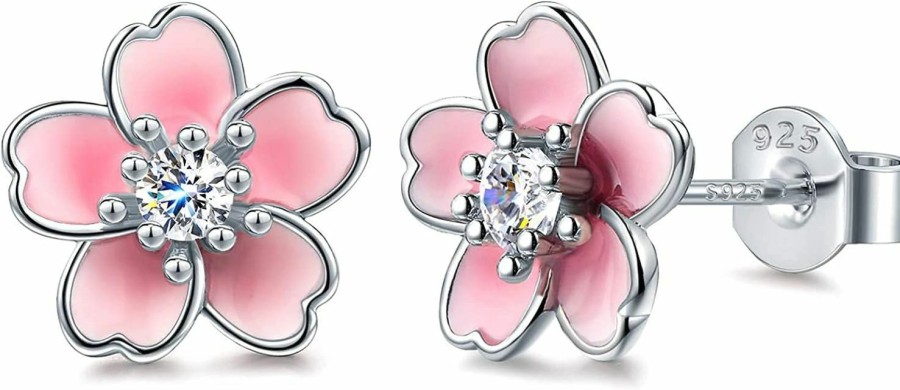 AllenCOCO Pink Flower Earrings For Women, 925 Sterling Silver Stud Earrings, Cute Plumeria Earrings For Girl, Cherry Blossom Hypoallergenic Stud | Earrings