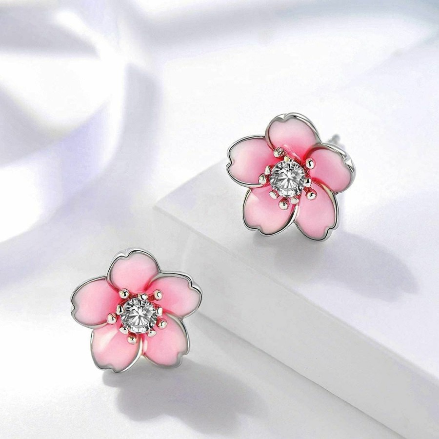 AllenCOCO Pink Flower Earrings For Women, 925 Sterling Silver Stud Earrings, Cute Plumeria Earrings For Girl, Cherry Blossom Hypoallergenic Stud | Earrings