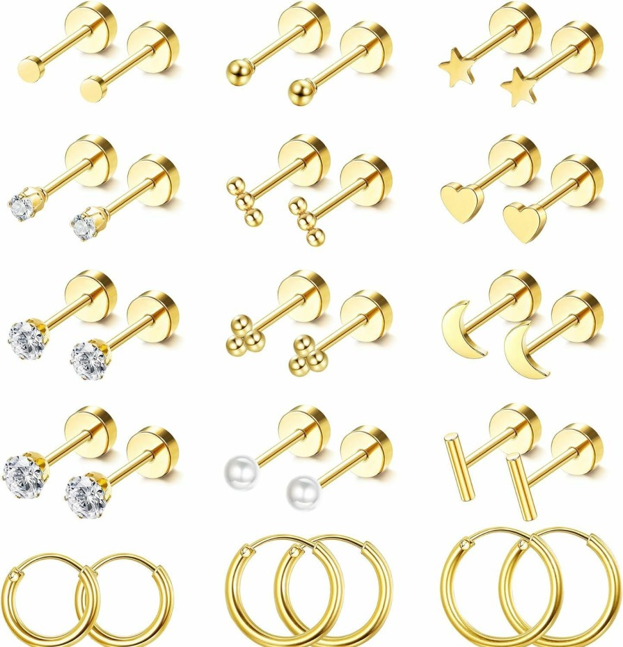 LOLIAS Lolias Small Hypoallergenic Flat Back Stud Earrings For Women Men 14K Gold Plated Surgical Stainless Steel Earring Sets Tiny Screw Back Cartilage Earring | Earrings