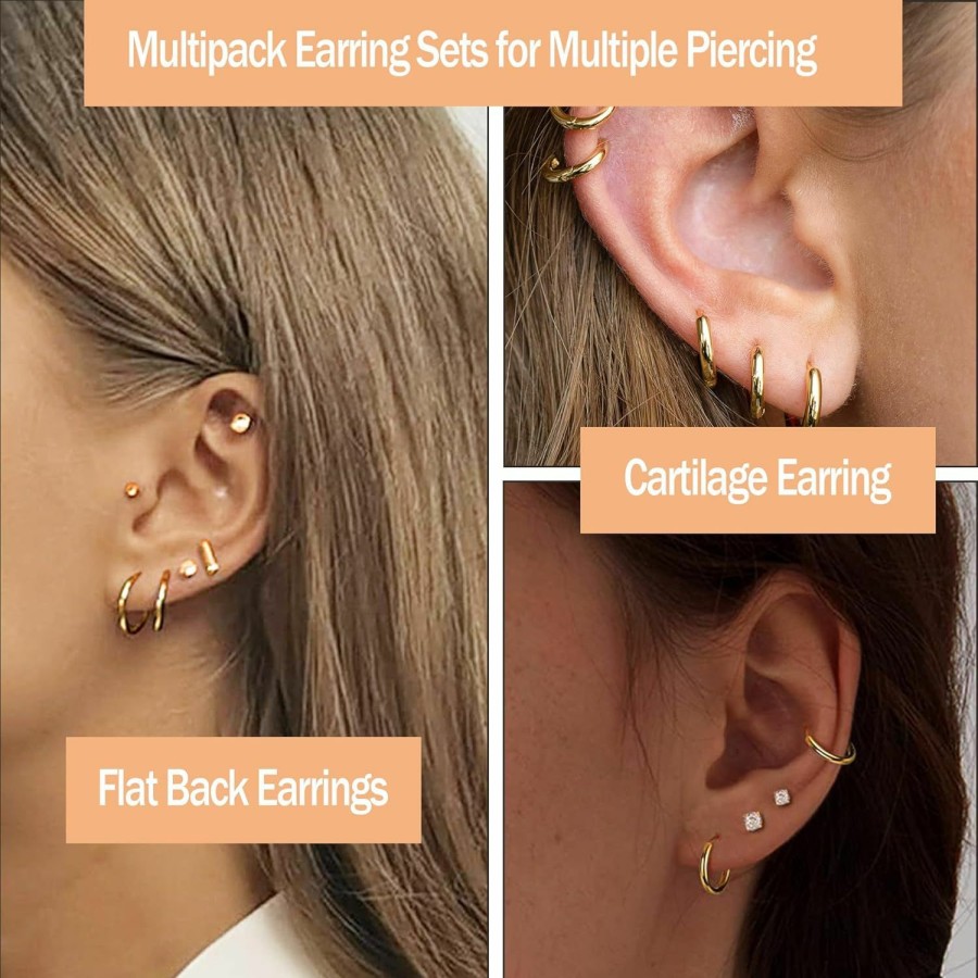 LOLIAS Lolias Small Hypoallergenic Flat Back Stud Earrings For Women Men 14K Gold Plated Surgical Stainless Steel Earring Sets Tiny Screw Back Cartilage Earring | Earrings