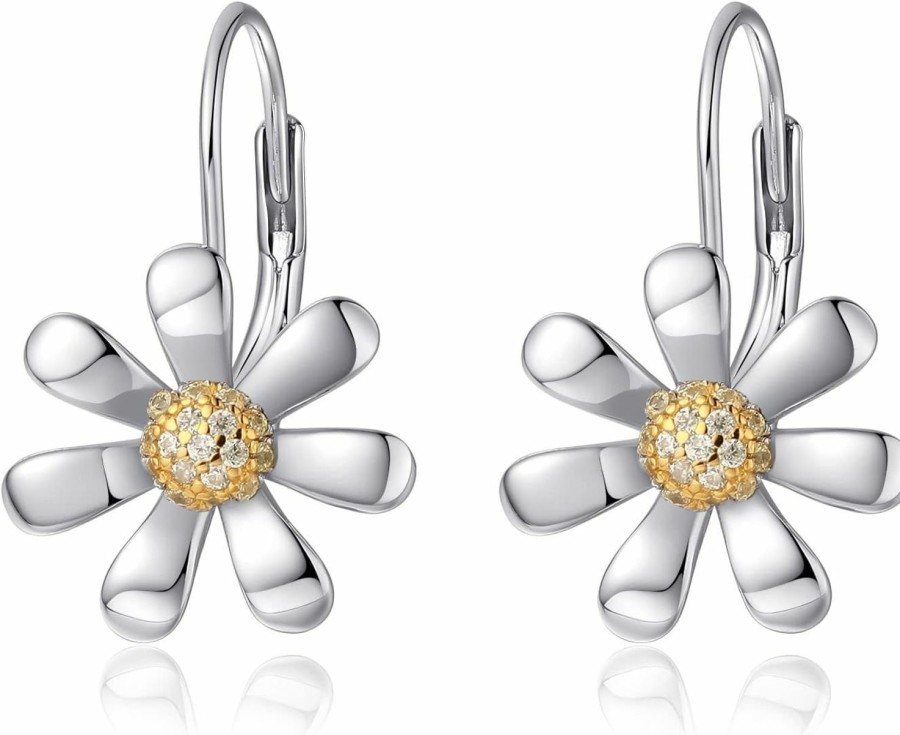 YZSFMZGE Yzsfmzge Daisy Earrings 925 Sterling Silver Leverback Drop Dangle Earrings Hypoallergenic Cubic Zircon Daisy Flower Jewelry Gifts For Women And Girls For Sensitive Ears | Earrings