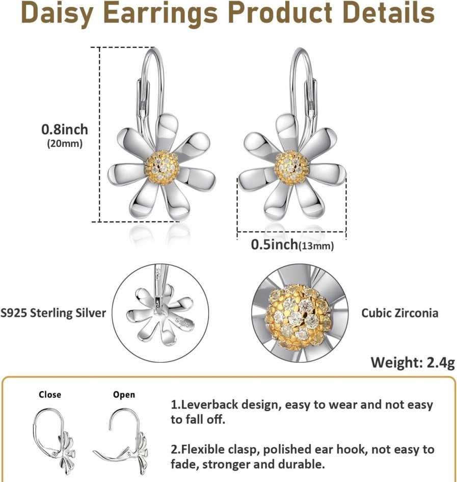 YZSFMZGE Yzsfmzge Daisy Earrings 925 Sterling Silver Leverback Drop Dangle Earrings Hypoallergenic Cubic Zircon Daisy Flower Jewelry Gifts For Women And Girls For Sensitive Ears | Earrings