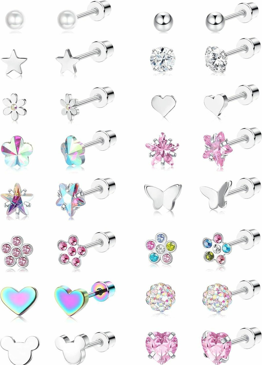 THUNARAZ Thunaraz 16 Pairs Hypoallergenic Screw Back Earrings For Girls Women Surgical Steel Cute Cz Heart Flower Star Butterfly Screwback Stud Earrings Set 20G | Earrings