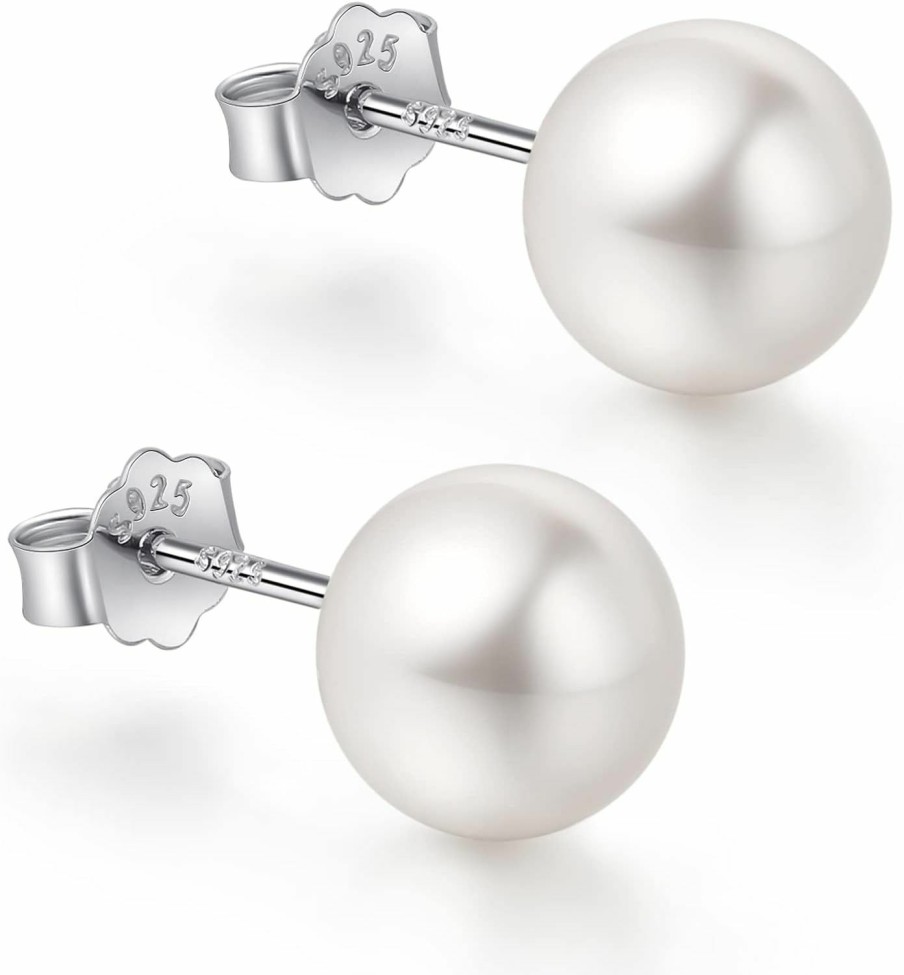 CUTEFEEL 18K White Gold Plated Sterling Silver Post Faux Pearl Stud Earrings For Women Girls, White Pearl Wedding Earrings Hypoallergenic Jewelry | Earrings