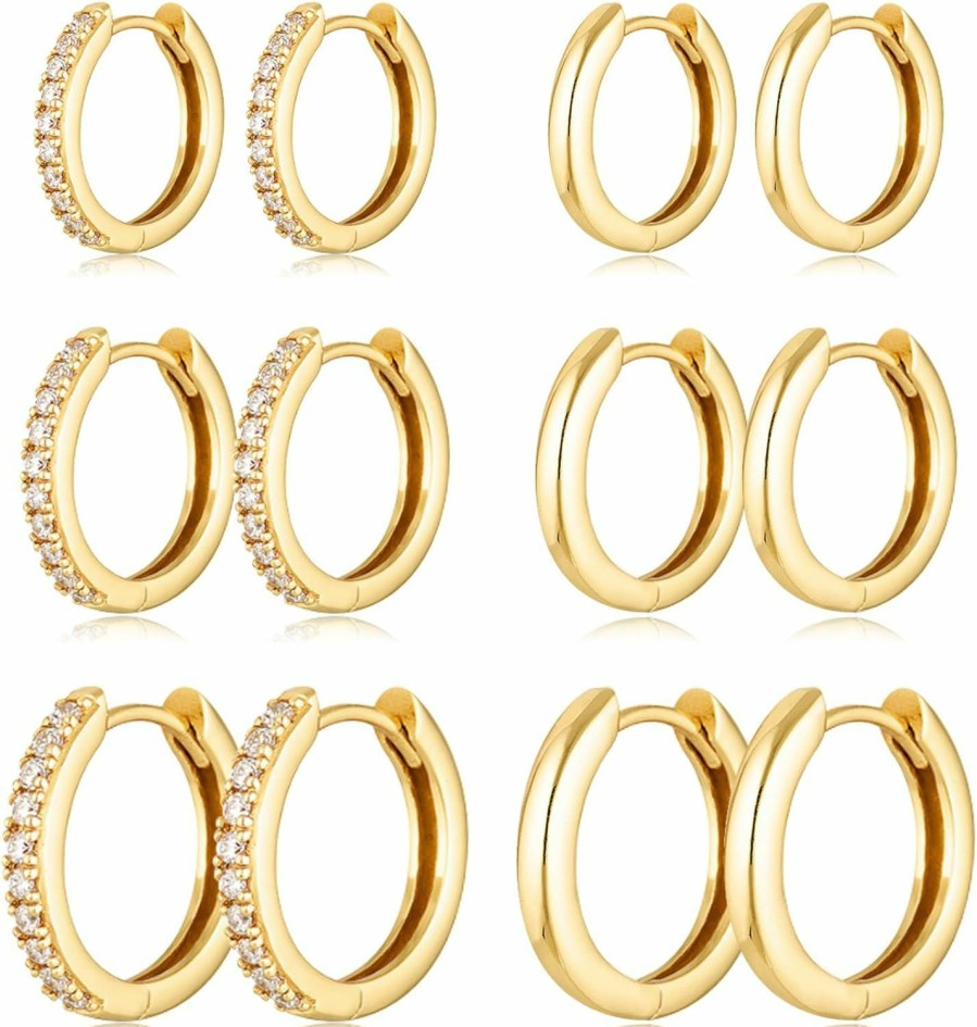 Ringcal Gold Hoop Earrings Set 14K Real Gold Plated Huggie Hoop Earrings Hypoallergenic Tiny Lightweight Cartilage Cubic Zirconia Jewelry Everyday Earrings For Women Girls Piercing | Earrings