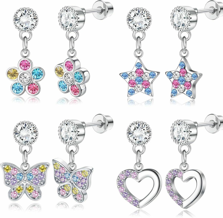 YADOCA Yadoca 4 Pairs Screw Back Earrings For Girls Women Hypoallergenic 316L Stainless Steel Cute Pink Cz Heart Screwback Dangle Earrings Multicolored Cubic Zirconia Flower Butterfly Rainbow Earrings Dangling Set | Earrings