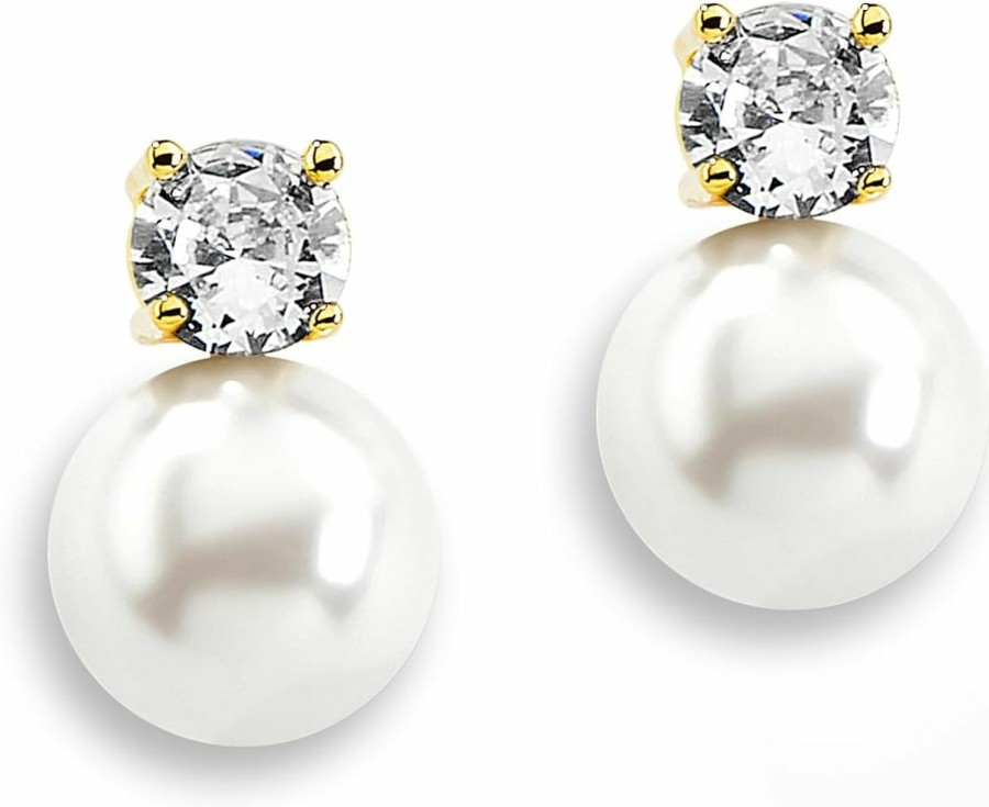 Mariell Mariell White Pearl Bridal Earrings With Cubic Zirconia Crystal Top, 9Mm White Pearl Stud Earring, Perfect For Brides, Bridesmaids, Wedding Party And Everyday Wear | Earrings