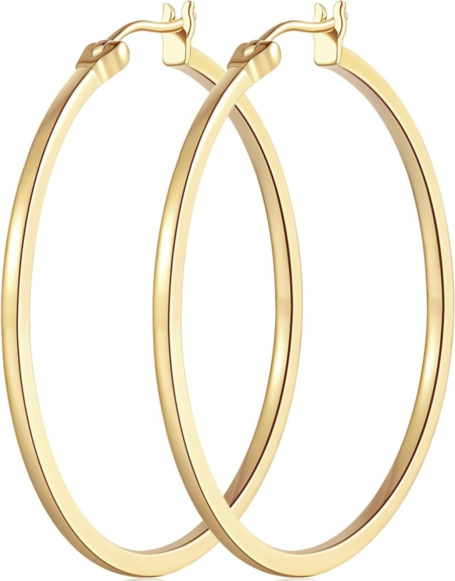 Aidomiya Aidomiya 14K Gold Hoop Earrings For Women Large Gold Hoop Earrings Round Square-Edge Gold Earrings For Women 14 Karat Gold Hoops Earrings Women'S Hoop Earrings (40Mm) (40Mm-Yellow Gold) | Earrings