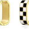 NewZenro Fashion Checker Chunky Oval Hoop Earrings For Women Girls Dainty 925 Sterling Silver Post 14K Gold Plated Huggie Hoops White Black Enamel Minimalist Hooped Hypoallergenic Gift Her Christmas | Earrings