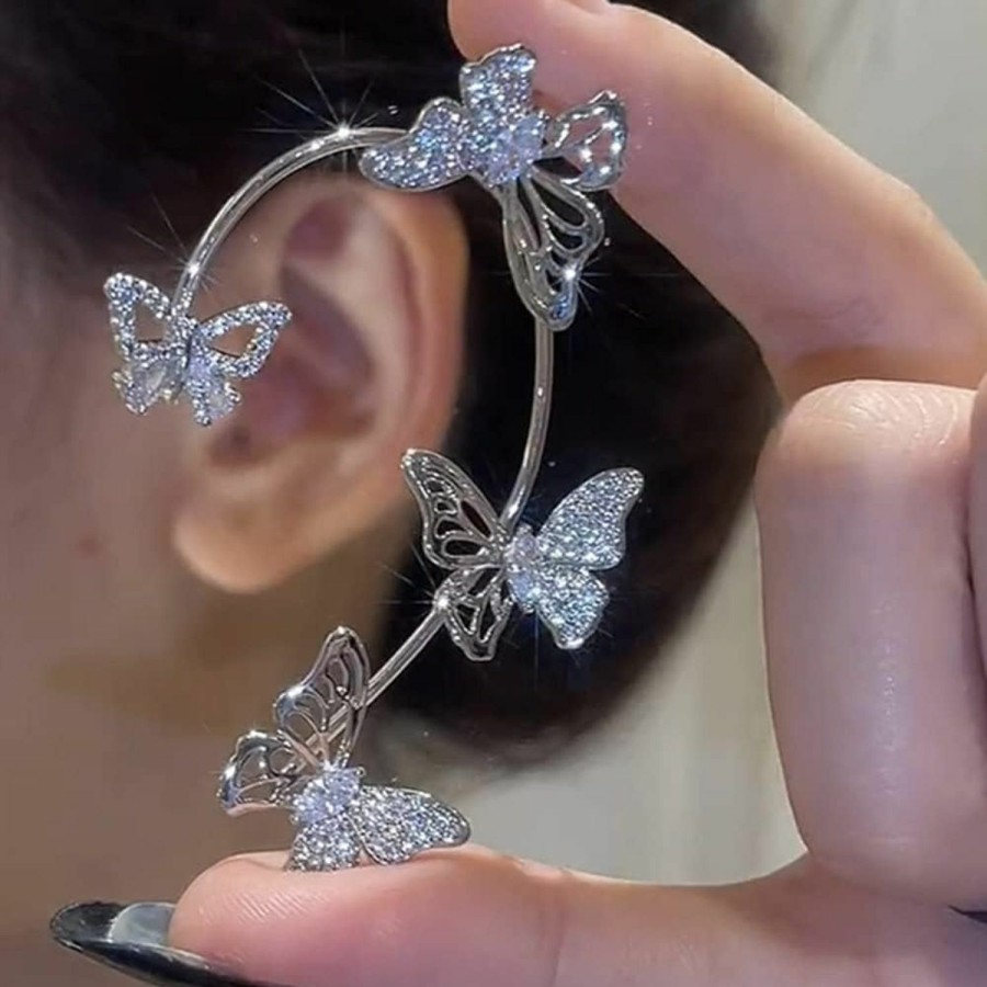 YRlilicc Yrlilicc 2Pcs Glitter Rhinestone Butterfly Ear Cuff Vintage Non-Piercing Fake Earrings Bridal Wedding Climber Ear Wrap Prom Ball Ear Jewelry For Women Girls | Earrings