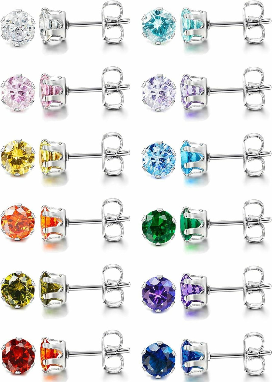 LOYALLOOK Loyallook 12 Pairs Stainless Steel Brilliant Cut Round Cubic Zirconia Birthstone Stud Earrings For Women | Earrings