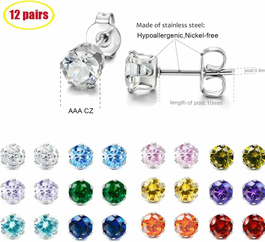 LOYALLOOK Loyallook 12 Pairs Stainless Steel Brilliant Cut Round Cubic Zirconia Birthstone Stud Earrings For Women | Earrings