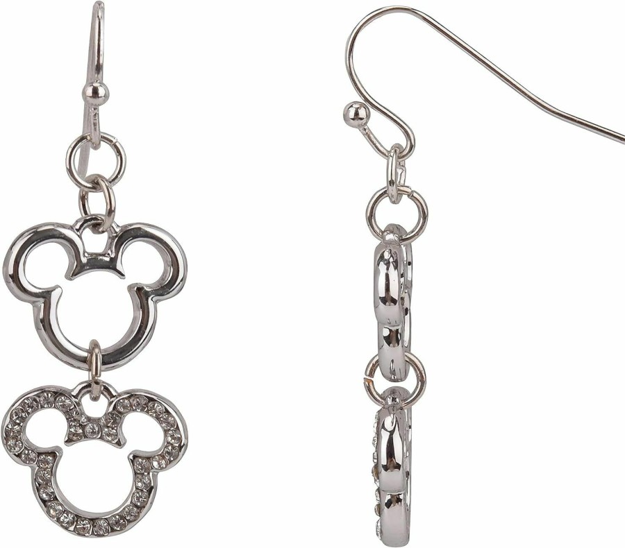 Disney Disney Mickey Mouse Drop Earrings, Jewelry Gift Box, Silver Tone Enamel And Pave Stone Accent, 1.5\"\" Drop | Earrings