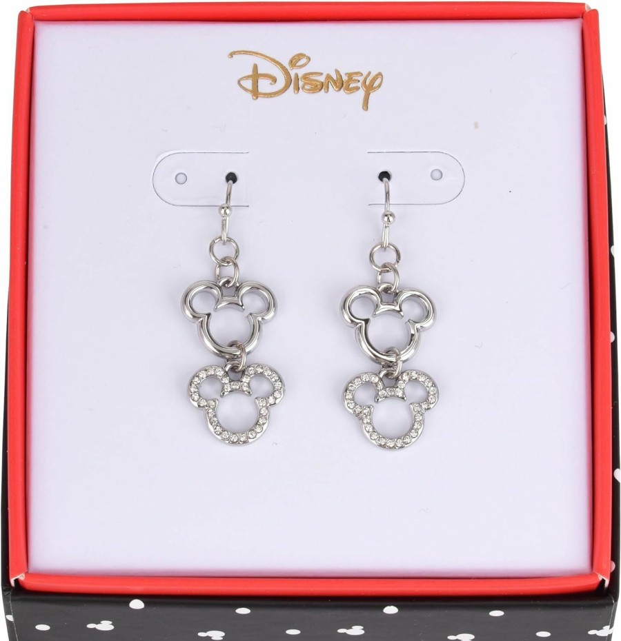 Disney Disney Mickey Mouse Drop Earrings, Jewelry Gift Box, Silver Tone Enamel And Pave Stone Accent, 1.5\"\" Drop | Earrings