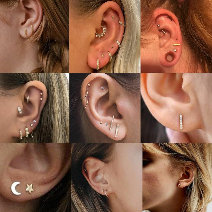 FIBO STEEL Fibo Steel 9 Pairs Stainless Steel Star Moon Stud Earrings For Women Cute Bar Cz Stud Earring Set | Earrings