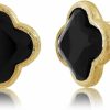 Gem Stone King Gem Stone King 18K Yellow Gold Plated Silver Flower Shape Clover Designs Black Onyx Diamond Cut Stud Earrings For Women | Earrings