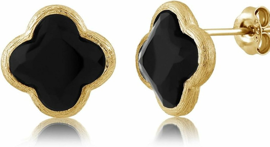 Gem Stone King Gem Stone King 18K Yellow Gold Plated Silver Flower Shape Clover Designs Black Onyx Diamond Cut Stud Earrings For Women | Earrings