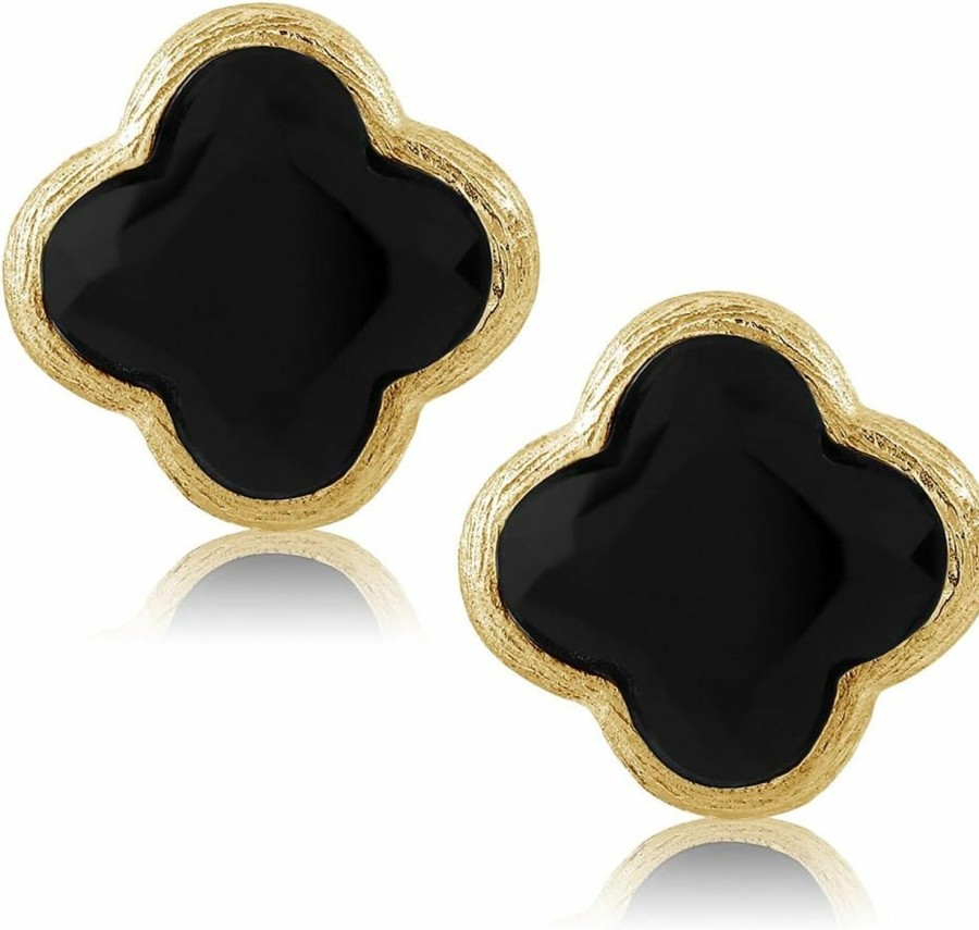 Gem Stone King Gem Stone King 18K Yellow Gold Plated Silver Flower Shape Clover Designs Black Onyx Diamond Cut Stud Earrings For Women | Earrings